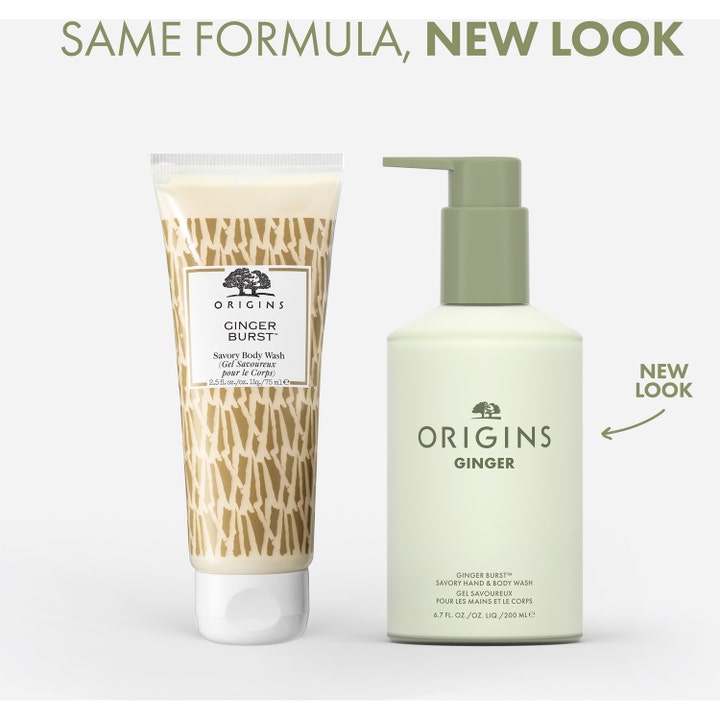 Origins Ginger Burst Savory Hand & Body Wash 200 ml rensende kroppsvask i ny pumpeflaske med teksten New Look