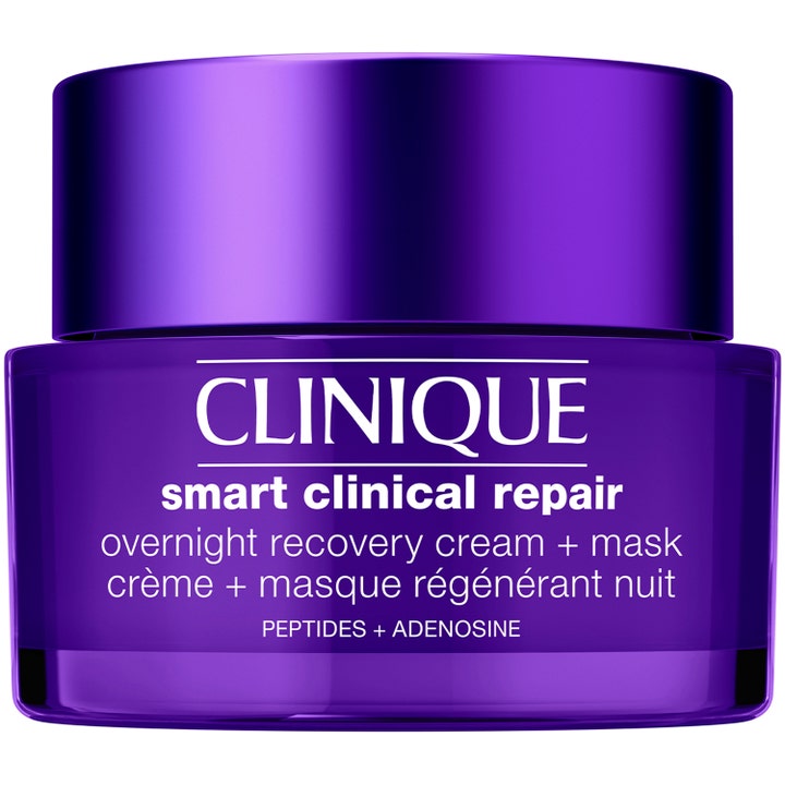 Clinique Smart Clinical Repair Overnight Recovery Cream + Mask reparerende nattkrem i lilla glasskrukke med lilla lokk.