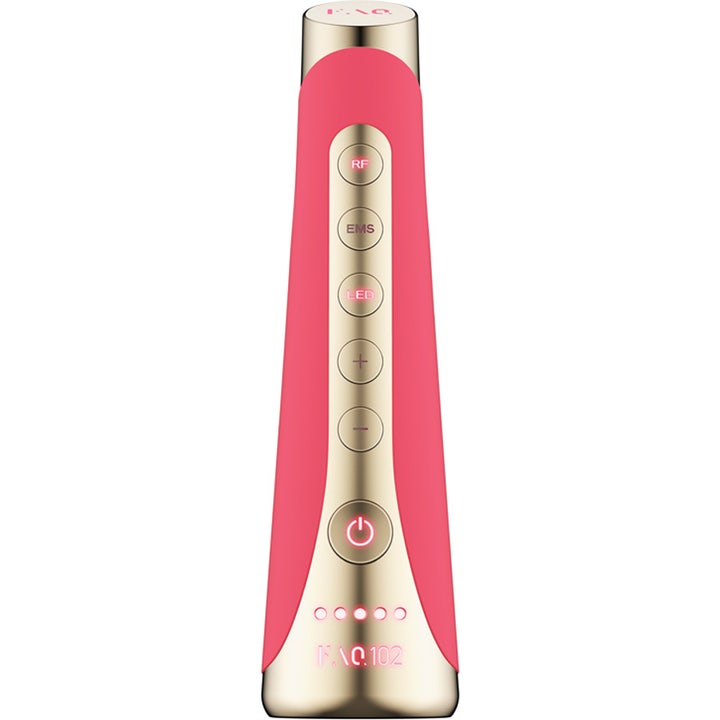 FAQ Swiss FAQ 102 oppstrammende ansiktsapparat med RF og LED i rosa silikon med elegante gulldetaljer
