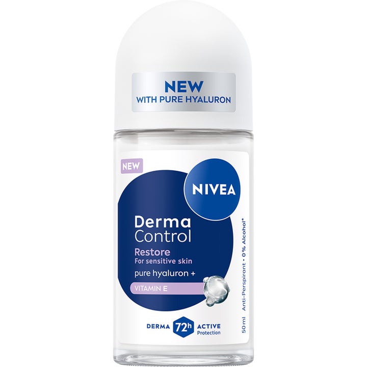 Nivea Derma Control Restore 50 ml fuktighetsgivende antiperspirant i glassflaske med hvit roll-on kork og blå etikett