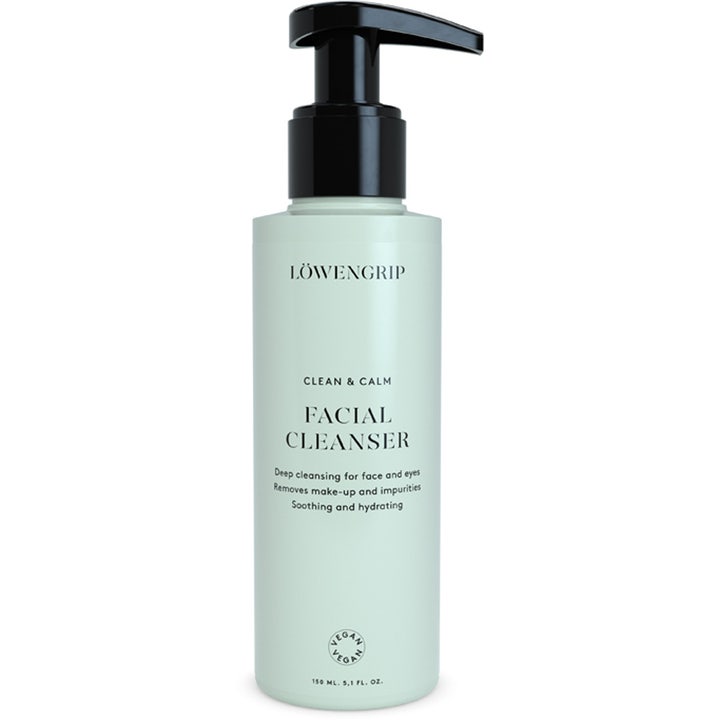 Löwengrip Clean & Calm Facial Cleanser 150 ml beroligende ansiktsrens i lysegrønn flaske med svart pumpe