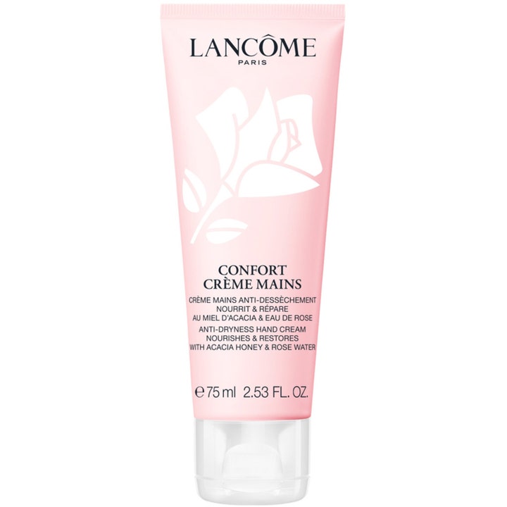Lancôme Confort Crème Mains 75 ml reparerende håndkrem mot tørrhet i lyserosa tube med hvit rose og klar kork