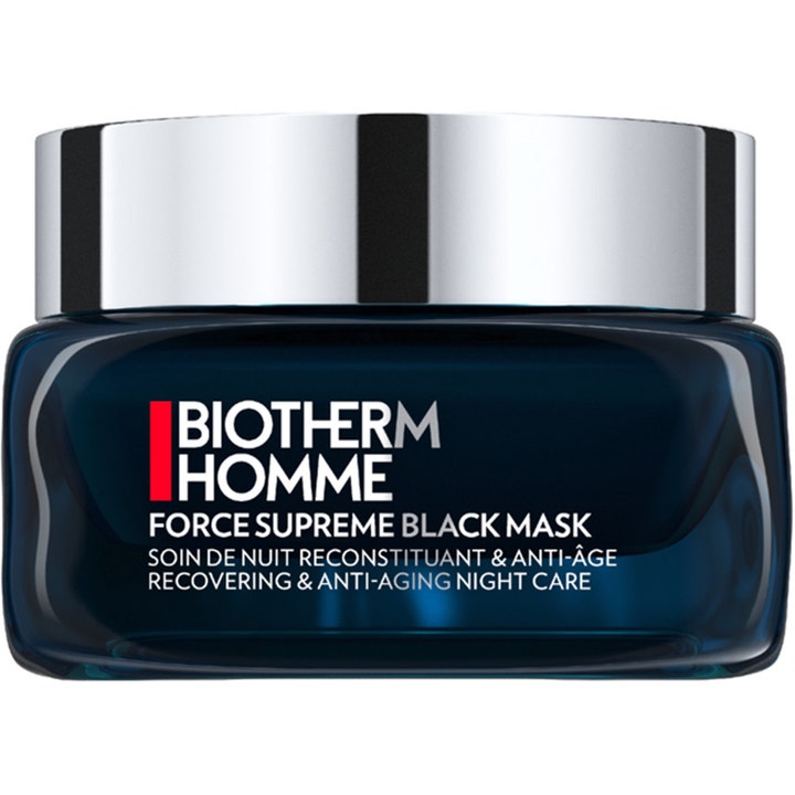 Biotherm Homme Force Supreme Black Mask nattmaske mot aldringstegn i en mørkeblå glasskrukke med sølvlokk