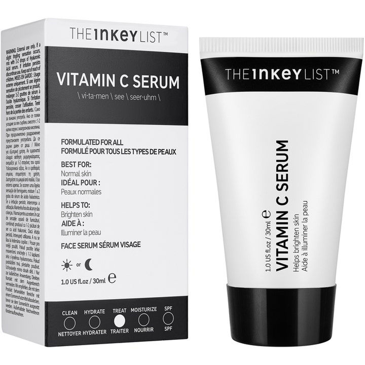 The INKEY List Vitamin C Serum 30 ml glødgivende ansiktsserum i hvit tube og eske med svarte detaljer