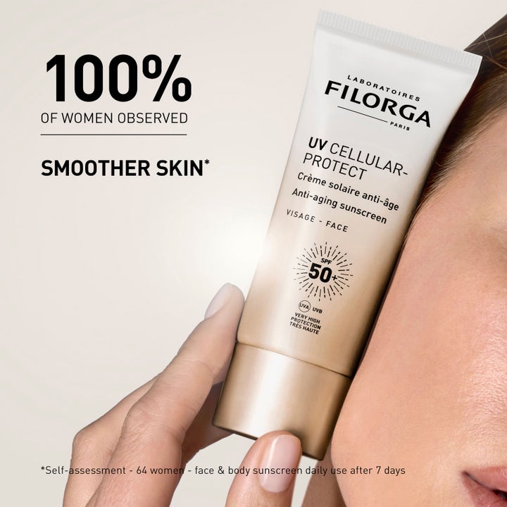 Filorga UV Cellular-Protect 40 ml solkrem ansikt med SPF 50 i beige tube som gir en synlig glattere hud.