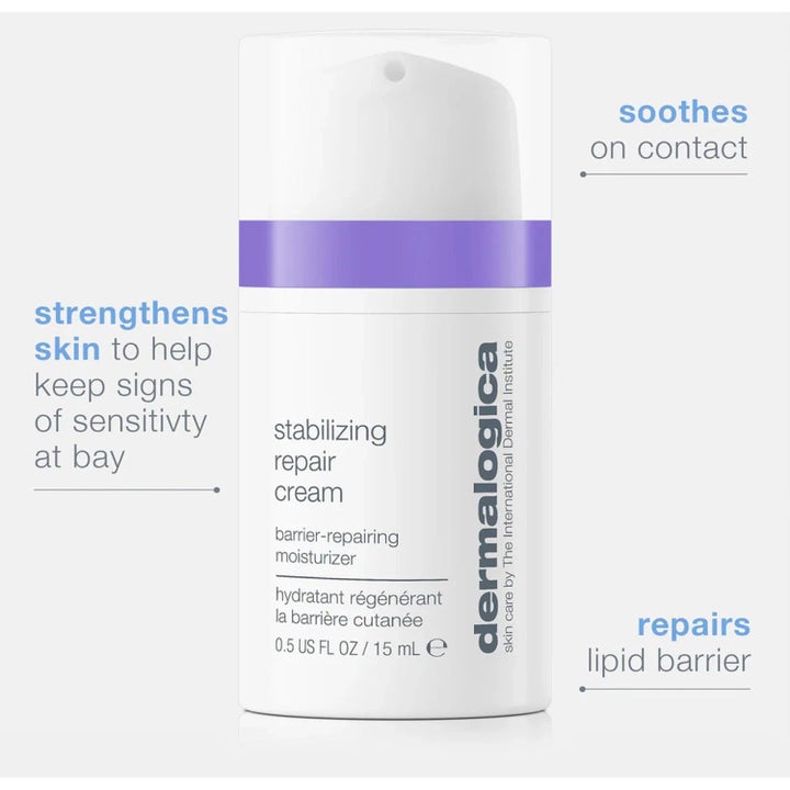 Dermalogica Stabilizing Repair Cream 15 ml beroligende ansiktskrem i hvit pumpeflaske som reparerer lipidbarrieren.