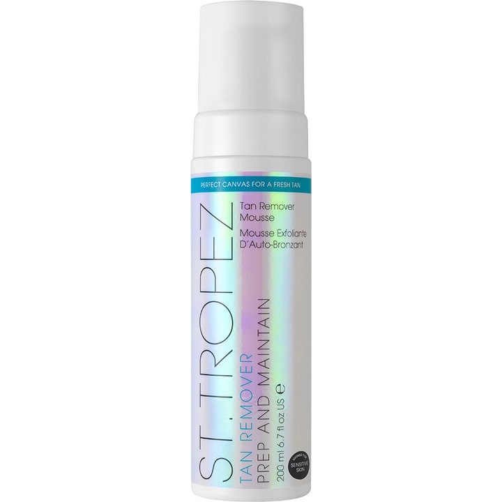 St. Tropez Tan Remover Mousse 200 ml eksfolierende rens fjerner selvbruning i hvit pumpeflaske med holografisk etikett