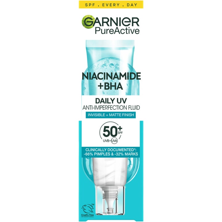 Garnier Pureactive BHA Niacinamide UV Fluid 40 ml solkrem i tube som gir huden en matt finish