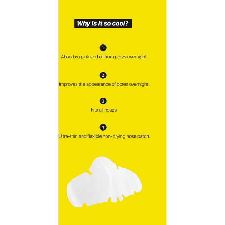Niche Beauty Lab Acnemy Zitproof Nose 10 stk poreplaster som renser porer vist på gul infografikk med fordeler