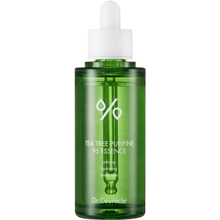 Dr.Ceuracle Tea Tree Purifine 95 Essence 50ml beroligende ansiktsserum i grønn glassflaske med hvit pipette.
