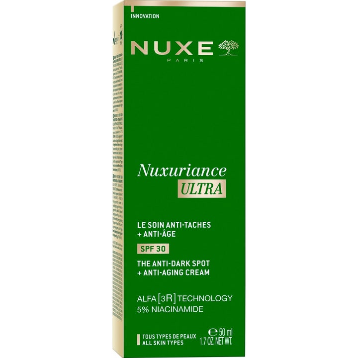 Nuxe Nuxuriance Ultra 50 ml dagkrem som motvirker mørke flekker i grønn eske med SPF 30 og niacinamid