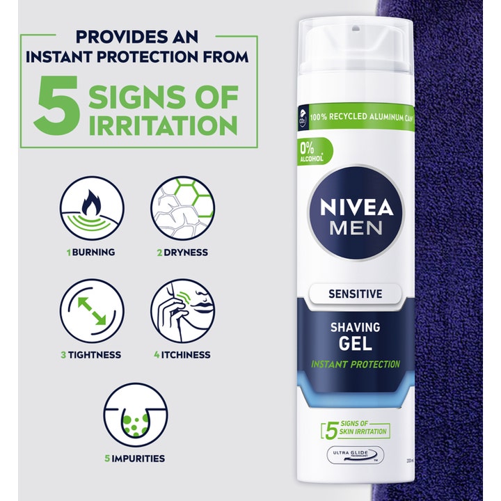NIVEA Sensitive Shaving Gel 200 ml rakegel motvirker irritasjon vist med ikoner ved siden av hvit sprayboks
