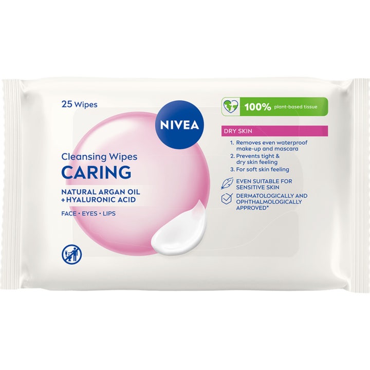 Nivea 3-in-1 Caring Cleansing Wipes 25 stk pleiende ansiktsservietter i hvit plastpakning med rosa detaljer