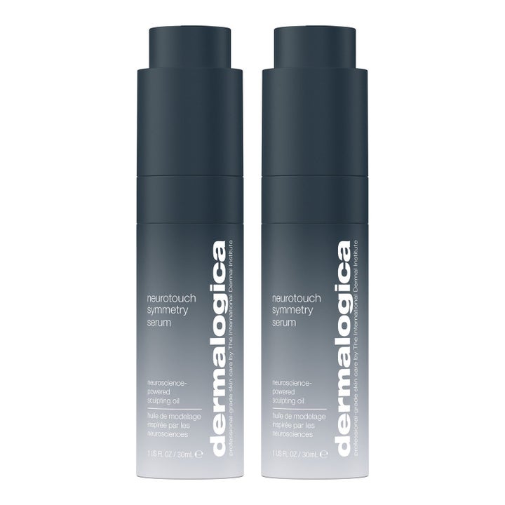 Dermalogica Neurotouch Symmetry Serum 30 ml oppstrammende ansiktsolje i to mørkeblå sylindriske flasker med hvit tekst