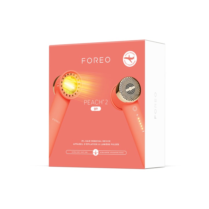 FOREO PEACH 2 go 1 stk hårfjerning i ferskenfarget eske som viser den kompakte IPL-enheten for reisebruk