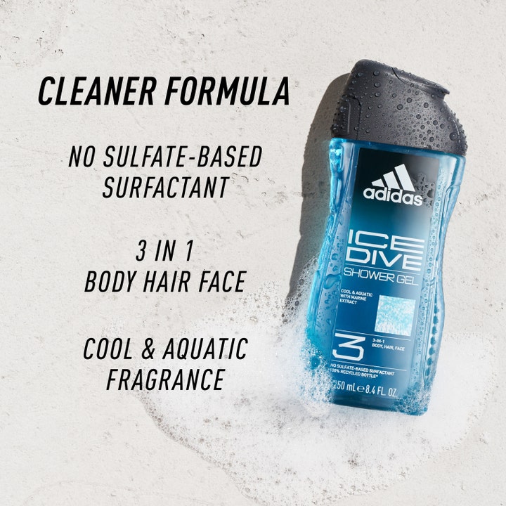 Adidas Ice Dive 250 ml dusjgelé med 3-i-1-formel og frisk duft i en blå flaske omgitt av hvitt skum