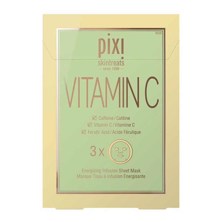 Pixi Vitamin-C Energizing Sheet Mask 3-pakning ansiktsmaske i gul eske med vitamin C, koffein og ferulinsyre