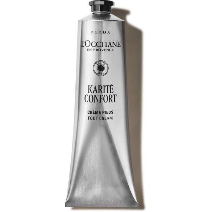 L'Occitane Shea Butter Foot Cream 150 ml mykgjørende fotkrem i en stilren sølvfarget metalltube med sort kork