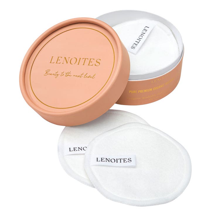 Lenoites Pure Premium Organic Reusable Pads gjenbrukbare bomullspads for skånsom rens i en rosa rund eske med gullskrift