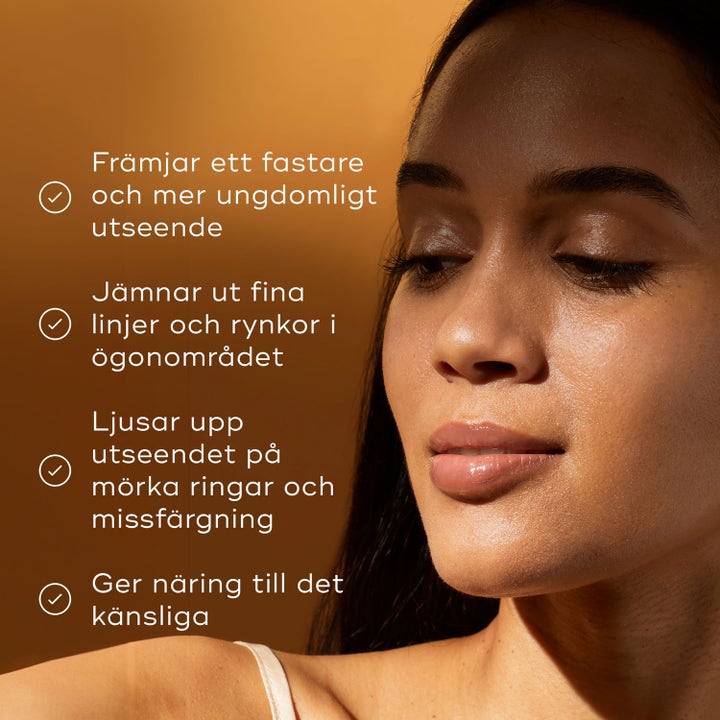 Medik8 C-Tetra Eye 7 ml øyeserum med vitamin C mot mørke ringer vist på kvinne med glødende hud og infotekst.