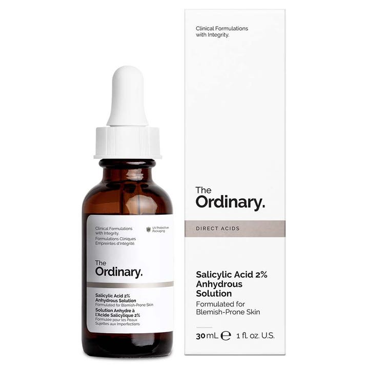 The Ordinary Salicylic Acid 2% Anhydrous Solution 30 ml eksfolierende serum mot urenheter i mørk glassflaske med hvit eske