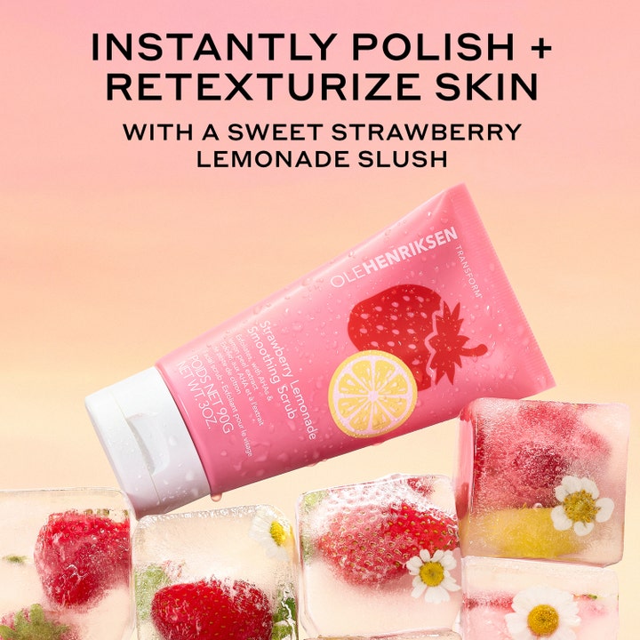 Ole Henriksen Strawberry Smoothing Scrub 90 ml ansiktsskrubb i rosa tube med isbiter og jordbær