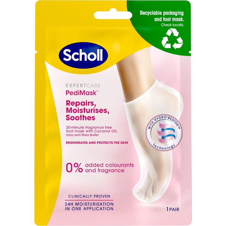 Scholl ExpertCare PediMask 1 par reparerende fotmaske med kokosolje i gul og rosa pakning som viser en fot med hvit maske