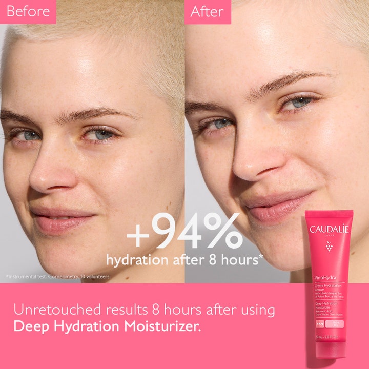 Caudalie Vinohydra Deep Hydration Moisturizer 60 ml fuktighetskrem i rosa tube viser før og etter resultat med økt fukt.