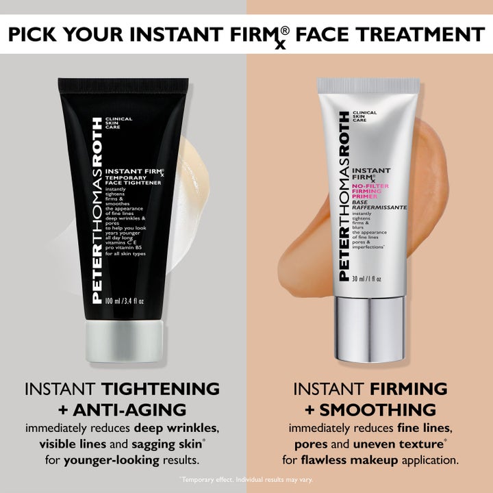 Peter Thomas Roth Instant FIRMx Face Tightener 100 ml serum som strammer opp huden ved siden av primer og tekstur.