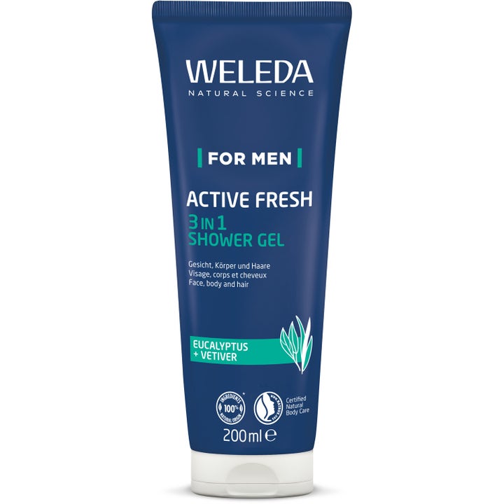 Weleda Men Active Fresh 3 in 1 Shower Gel 200 ml oppfriskende dusjgelé i mørkeblå tube med hvit kork og turkis tekst.