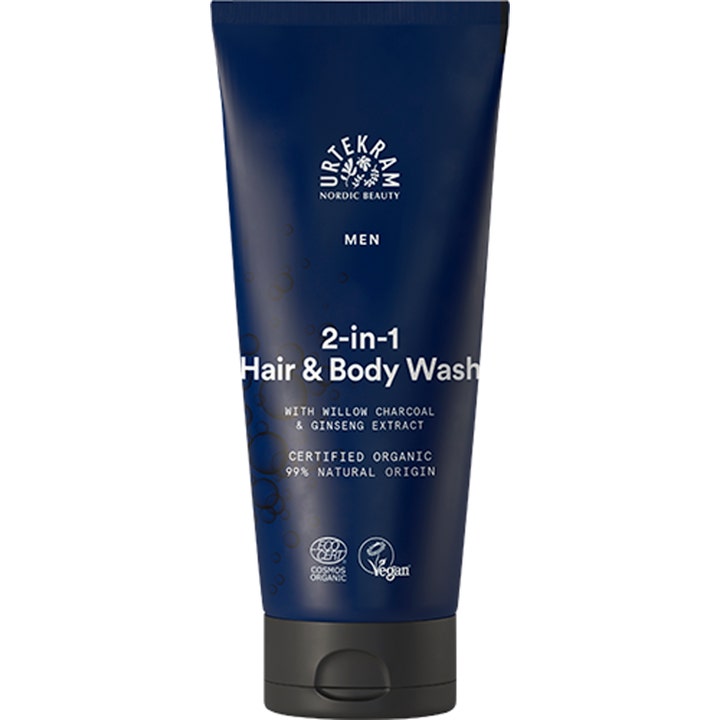 Urtekram Men 2-in-1 Hair & Body Wash rensende dusjsåpe med trekull og ginseng i en mørkeblå tube med sort lokk