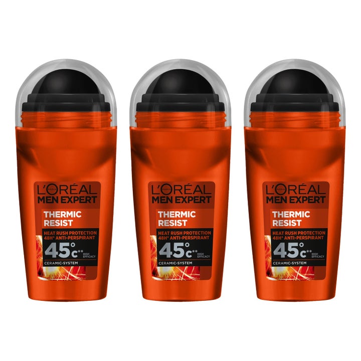 L'Oréal Men Expert Thermic Resist trepakning antiperspirant roll-on i oransje flasker som motvirker svette i varme.