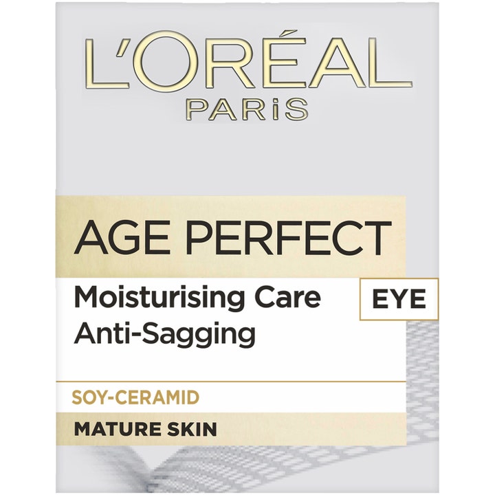 L'Oréal Paris Age Perfect Eye Cream 15 ml øyekrem i hvit eske med tekstene anti-sagging og soy-ceramid for moden hud.