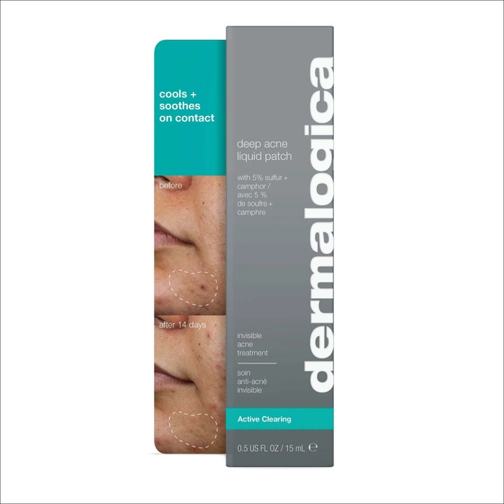 Dermalogica Deep Acne Liquid Patch 15 ml usynlig aknebehandling i grå eske med før- og etterbilder av huden.
