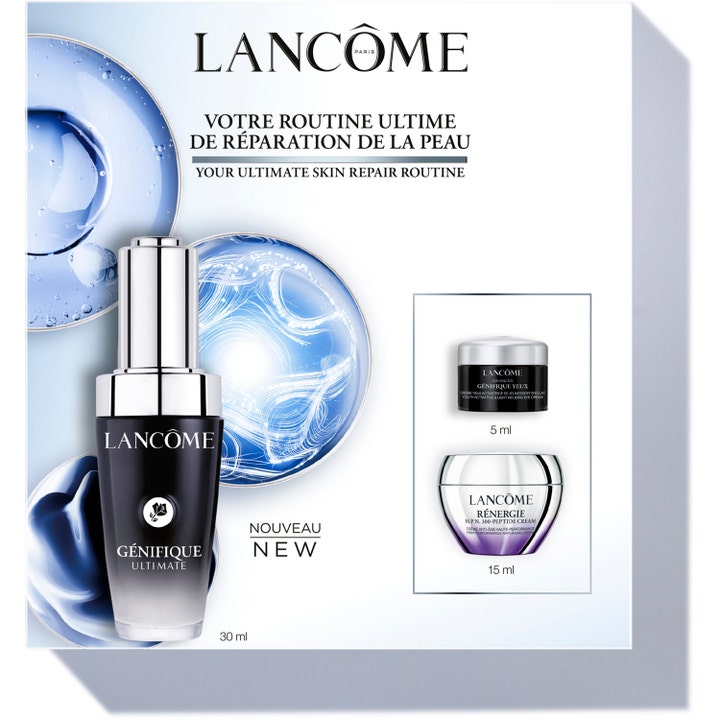 Lancôme Génifique Ultimate hudpleiesett med reparerende serum og ansiktskrem i luksuriøse glassflasker.