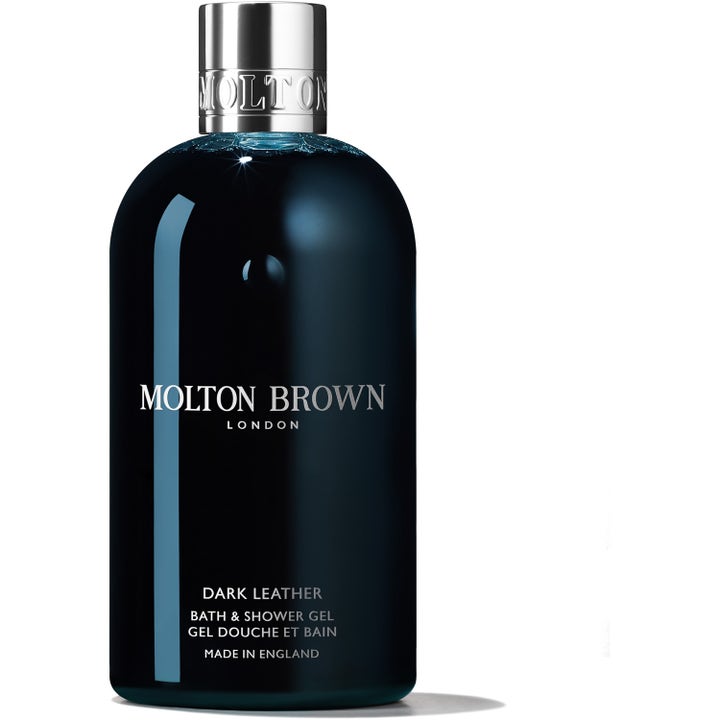 Molton Brown Dark Leather Bath & Shower Gel 300 ml rengjørende dusjsåpe i mørk flaske med preget sølvfarget kork
