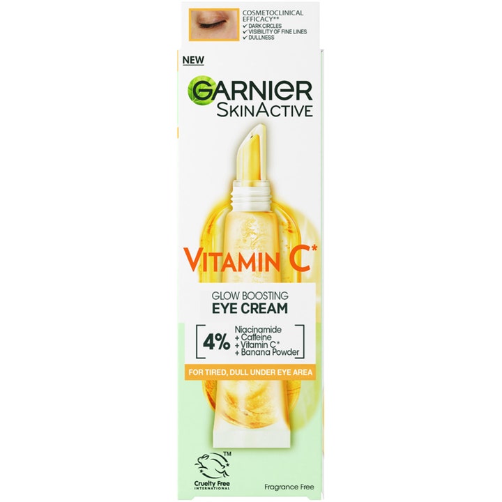Garnier Vitamin C Glow Boost Eye Cream 15 ml øyekrem mot mørke ringer i hvit eske som viser gul tube og 4 % kompleks