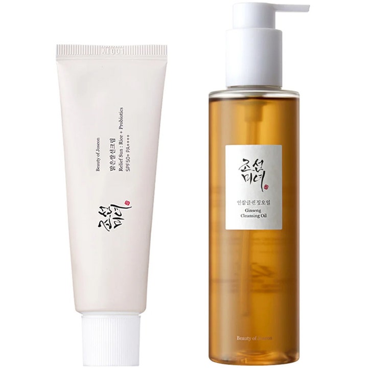 Beauty of Joseon Relief Sun og Ginseng Cleansing Oil sett for rens og solbeskyttelse i hvit tube og gyllen pumpeflaske
