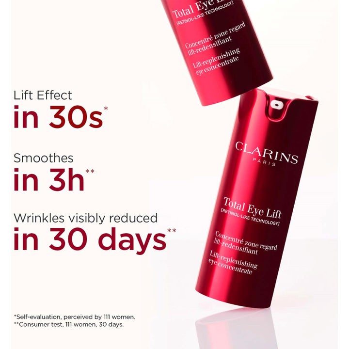 Clarins Total Eye Lift 15 ml øyekonsentrat i rød pumpeflaske som gir synlig løfteeffekt på 30 sekunder