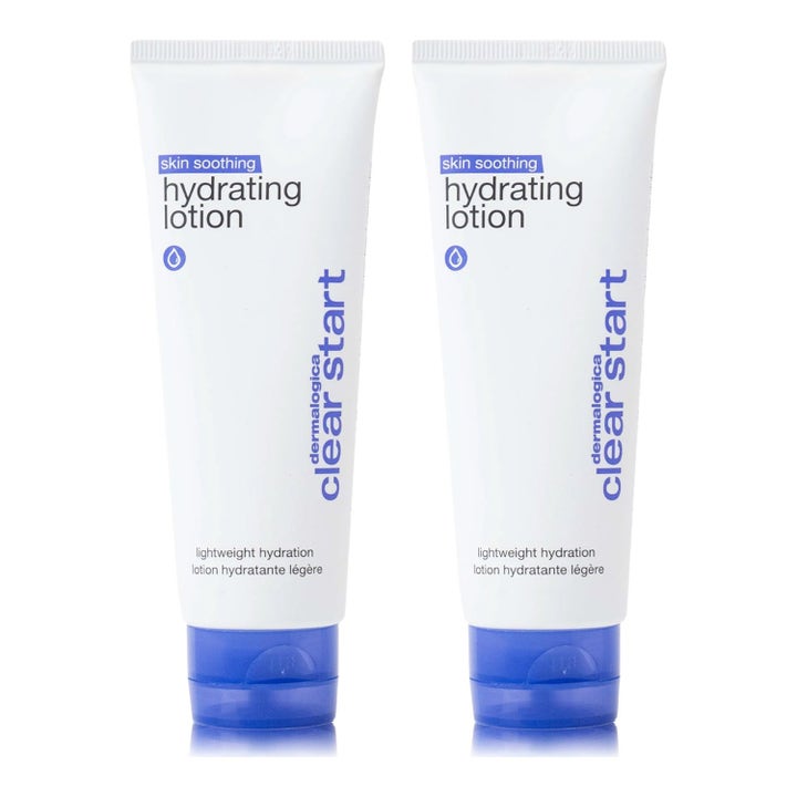 Dermalogica Clear Start Skin Soothing Hydrating Lotion beroligende fuktighetskrem i to hvite tuber med blå korker.