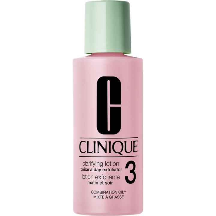 Clinique Clarifying Lotion 3 200ml eksfolierende ansiktsvann i rosa plastflaske med lysegrønt lokk.