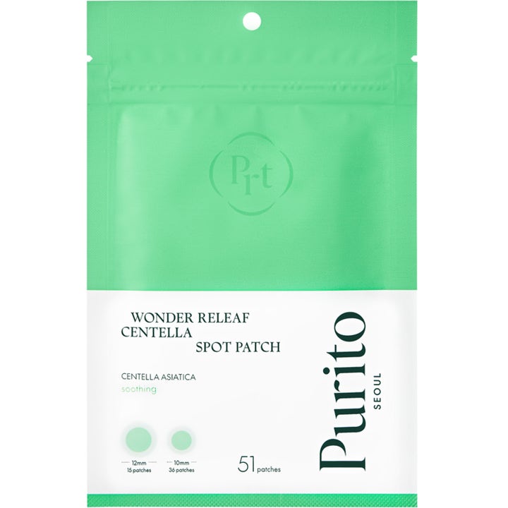 Purito Wonder Releaf Centella Spot Patch 51 stk beroligende kviselapper i mintgrønn og hvit pose