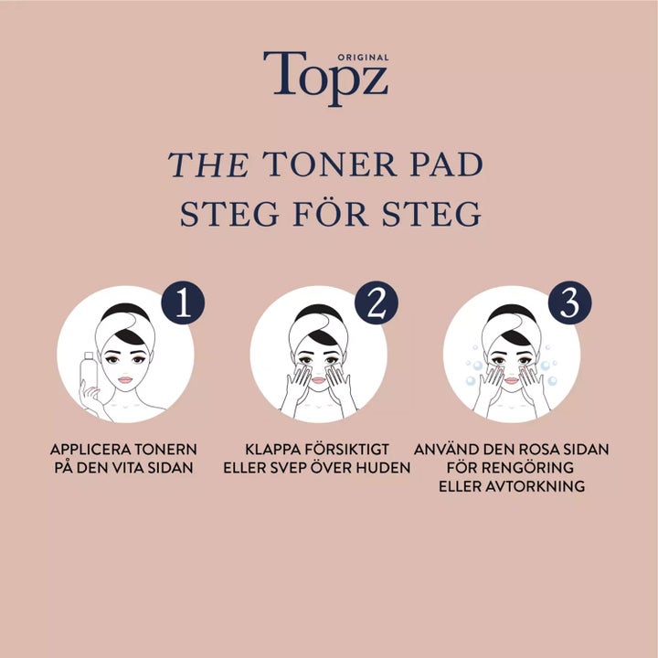 Topz Premium The Toner Pad 50 stk hudpleieverktøy viser infografikk med tre steg for bruk av hvit og rosa side.