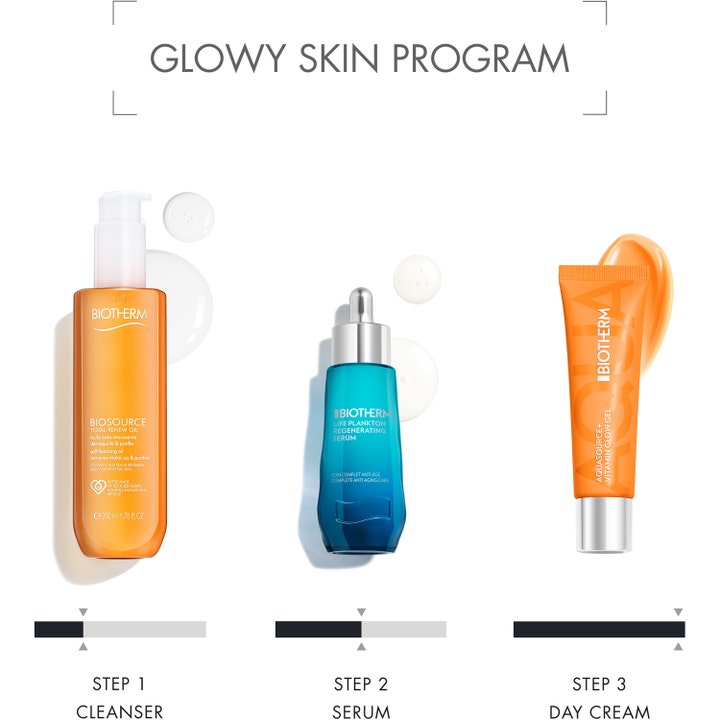 Biotherm Aquasource Vitamin Glow Gel 30 ml ansiktskrem i oransje tube som steg tre i et Glowy Skin Program.
