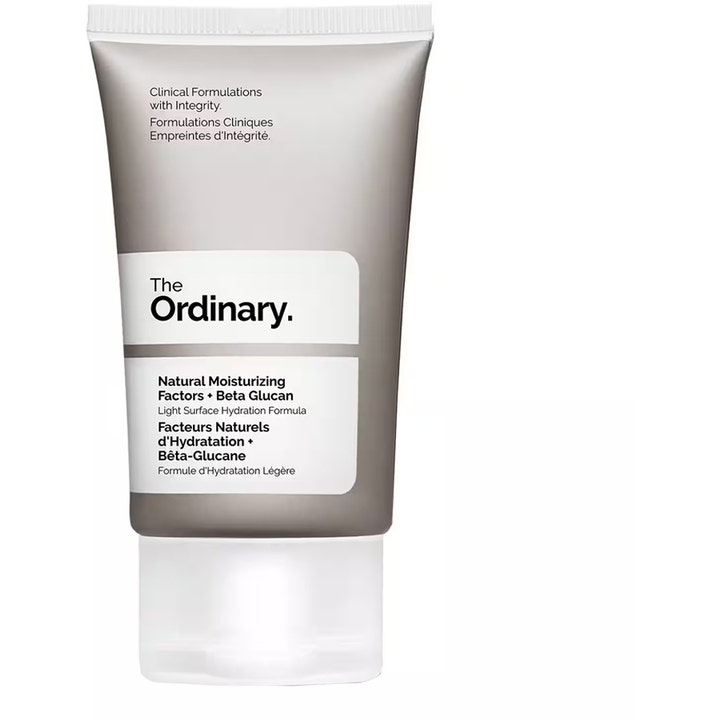 The Ordinary Natural Moisturizing Factors + Beta Glucan 100ml fuktighetsgivende ansiktskrem i grå tube med hvit etikett.