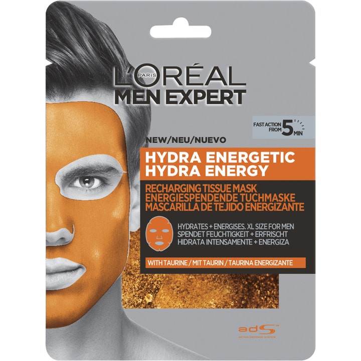L'Oréal Men Expert Hydra Energetic Tissue Mask 1 stk energigivende ansiktsmaske i grå sachet som viser en mann i oransje maske.