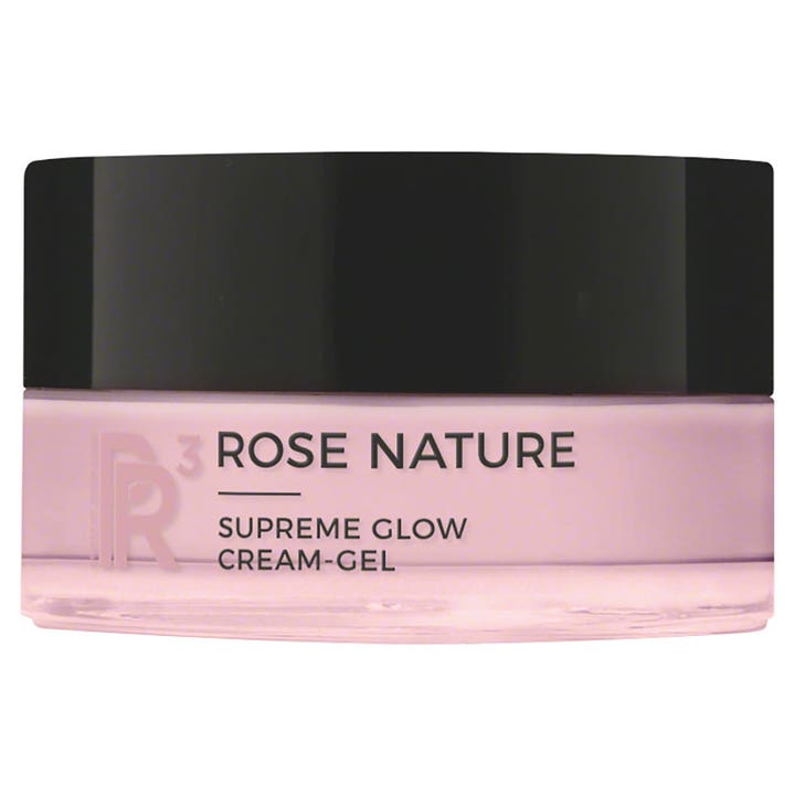 Annemarie Börlind Rose Nature Supreme Glow Cream-Gel gir glød i en lyserosa glasskrukke med sort skrulokk.