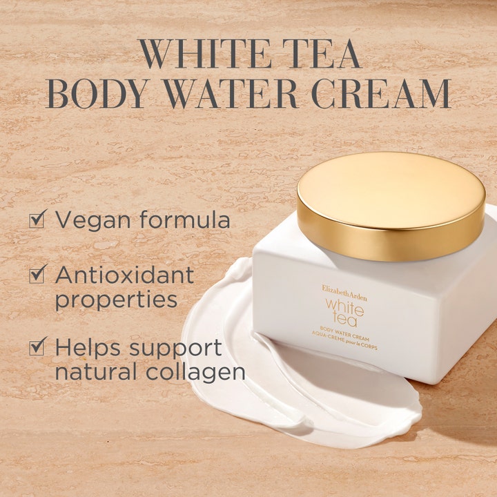 Elizabeth Arden White Tea Body Cream 225 ml vegansk kroppskrem i hvit krukke med gullokk og synlig tekstur