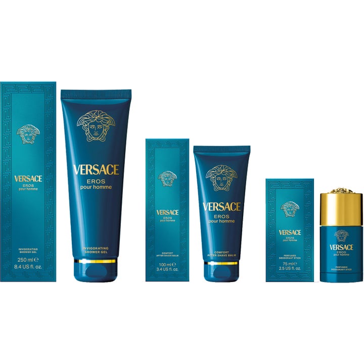 Versace Eros 100 ml after shave balm og gavesett i turkise tuber med gullogo som pleier huden etter barbering.