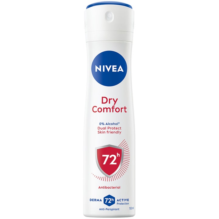 Nivea Dry Comfort 150 ml antiperspirant spray gir 72 timer beskyttelse i hvit flaske med blått og rødt design